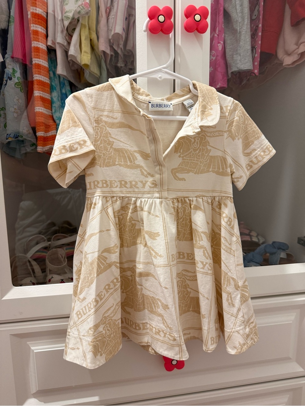 Burberry Cream and Beige Logo Jacquard Collared Dress